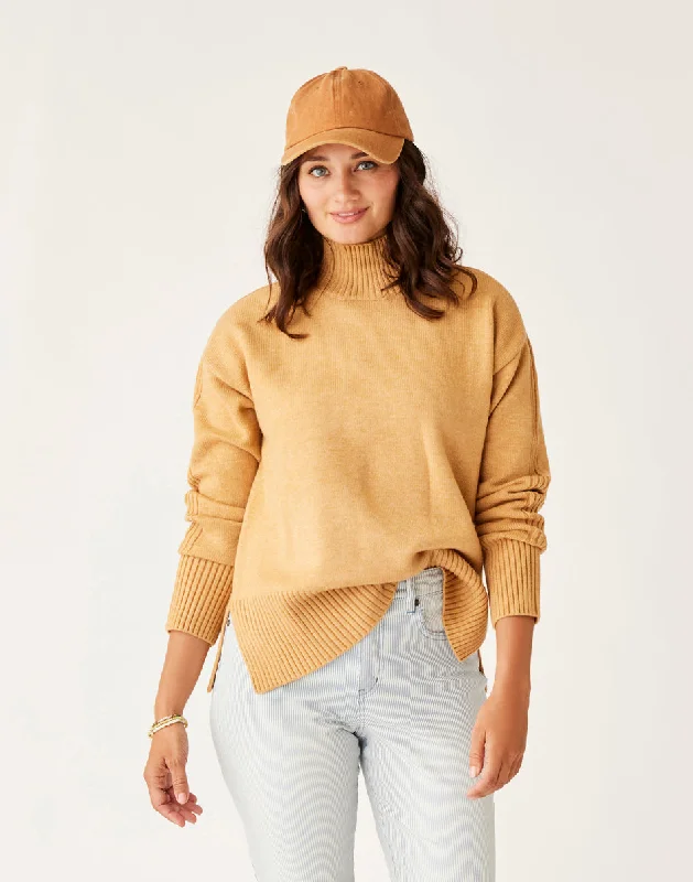 Woodward Sweater: Camel Heather Graphic Sweater Embroidered Appliqued