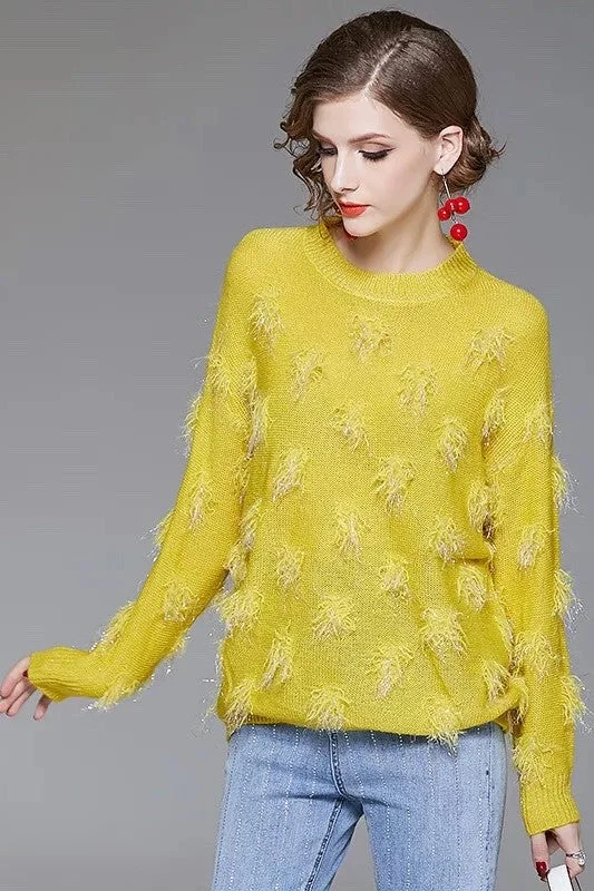 Yellow Sweater W/ Feather Detail Stretchy Elastic Breathable