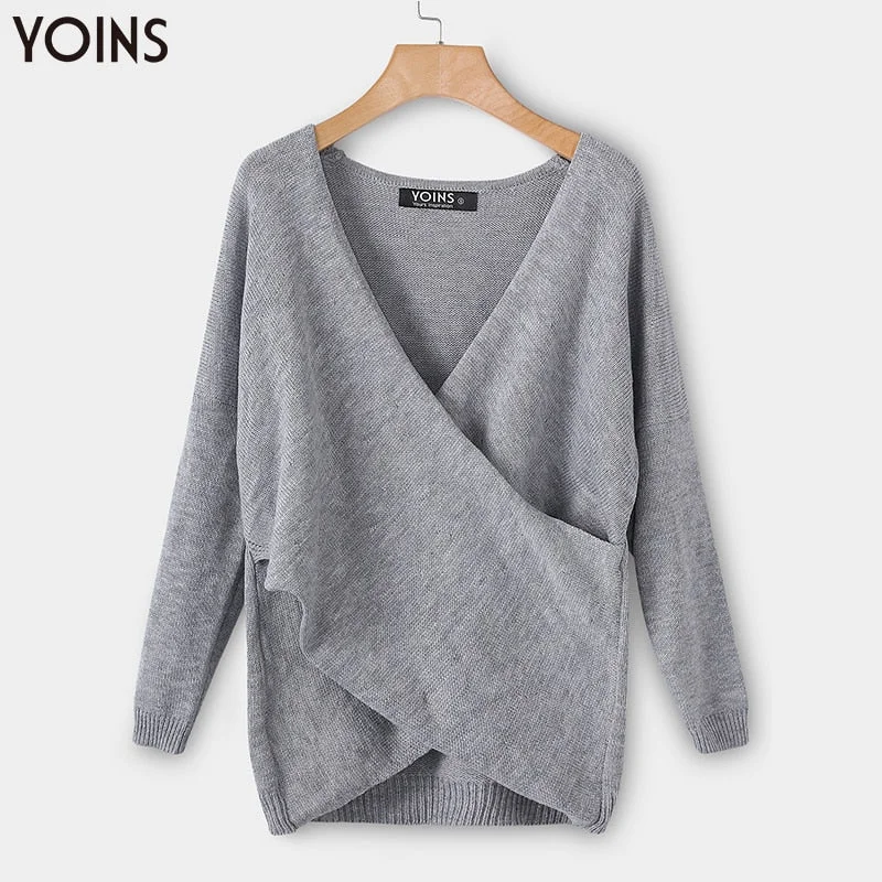 YOINS 2019 Women Sweater Autumn Winter Casual Criss Front V-neck Irregular Hem Jumper Pull Femme Streetwear Long Sleeve Tops Graphic Sweater Embroidered Appliqued