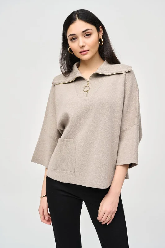 Zipped Collar Sweater - Taupe Bright Pastel Dark