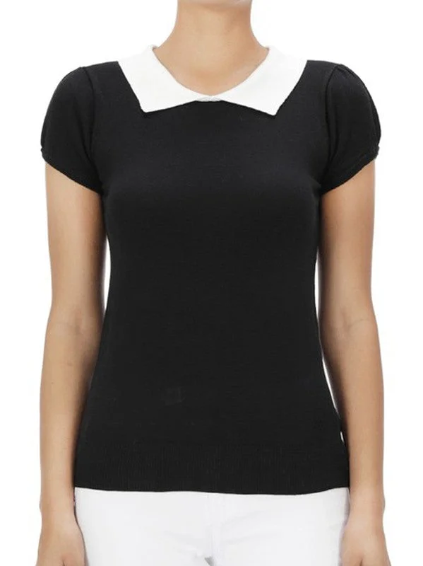 Black with White Collar Short Sleeve Sweater