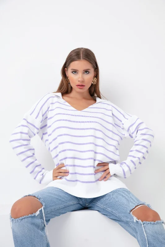 Female Shirt Collar Striped Knitwear Sweater