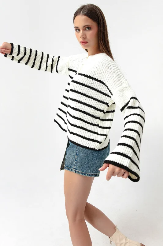 Female Striped Gold Button Detailed Knitwear Sweater