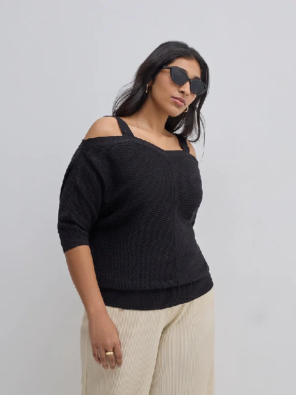 Gia Black Textured Cold-Shoulder Sweater