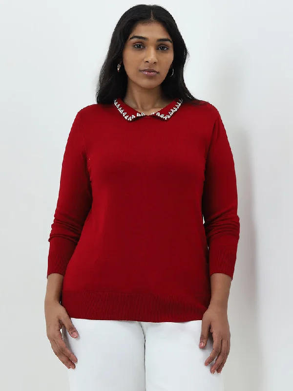 Gia Red Pearl Embellished Sweater