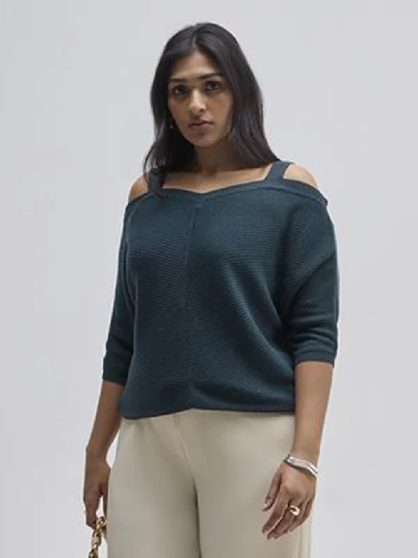 Gia Teal Textured Cold-Shoulder Sweater