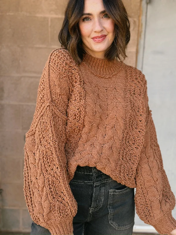 Mock Neck Cable Knit Sweater | Burnt Topaz