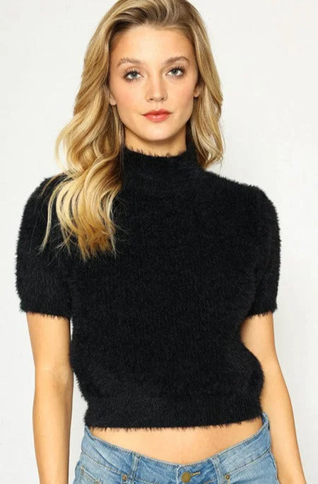 Soft & Fuzzy Short Sleeve Mock Turtleneck Sweater in Black