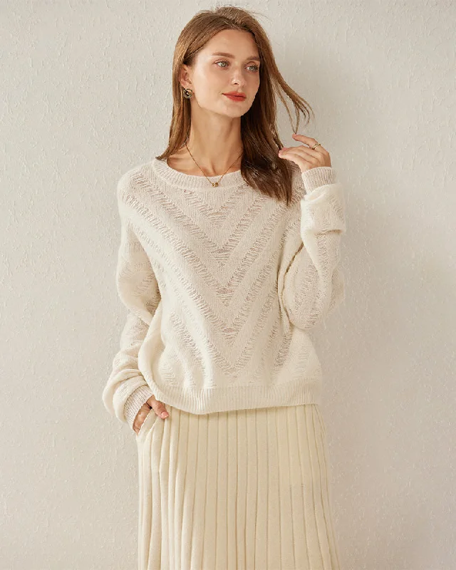 Relaxing Crew-Neck Chevron Cashmere Sweater