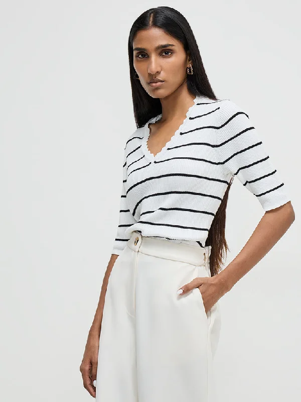 Wardrobe White Striped Ribbed Sweater